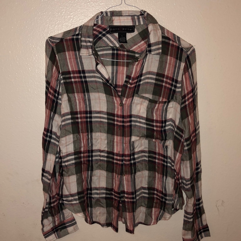 Green, Red, Black, and White striped button up